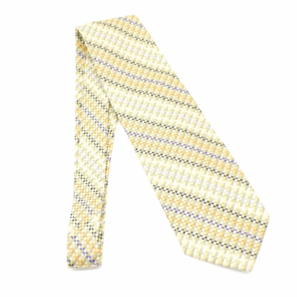 Metropolitan Lord & Taylor Yellow Blue Striped‎ Check Woven Silk Tie Made In USA